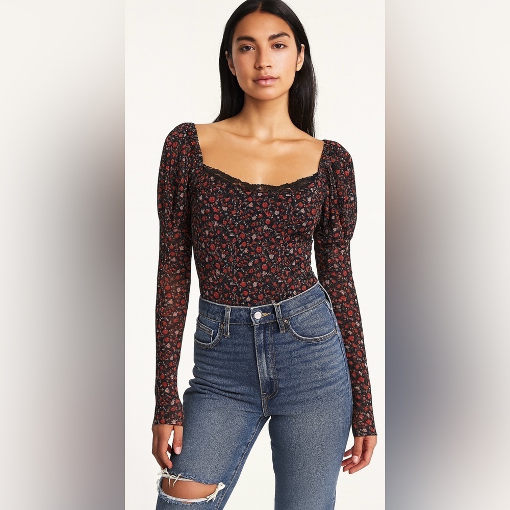 Maeve Anthropologie Black Floral Top Puff Sleeves Romantic Boho Blouse Medium